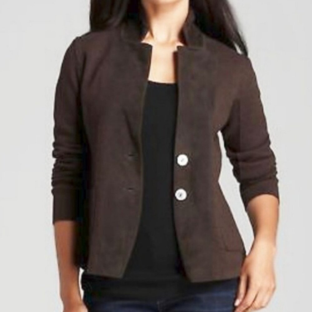 Eileen Fisher Merino Wool Lamb Leather Trim  Jacket Large Brown Academia Preppy